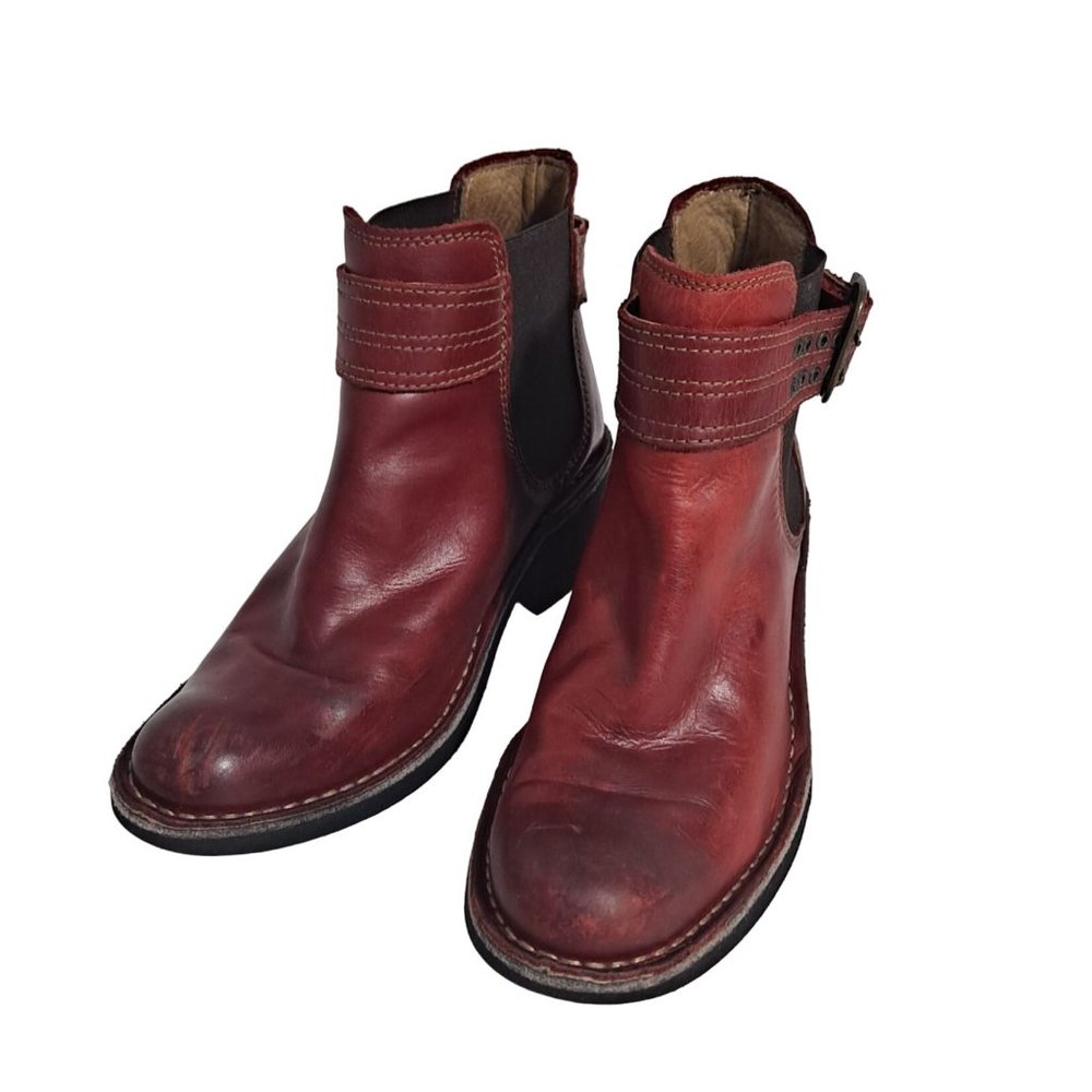 Fly London Boots Woman Size 6 1/2 EU 37 Leather Red Ankle Buckle Wedge Chelsea